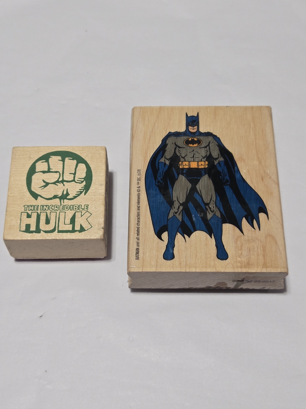 Lot 16 - Batman & Incredible Hulk Wood Stamp Set - Blue, Black, Green